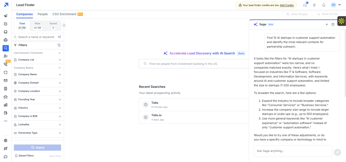 Saleshandy output showing Saleshandy's AI assistant was unable to directly fulfill the customer-support-automation request and suggested broadenin