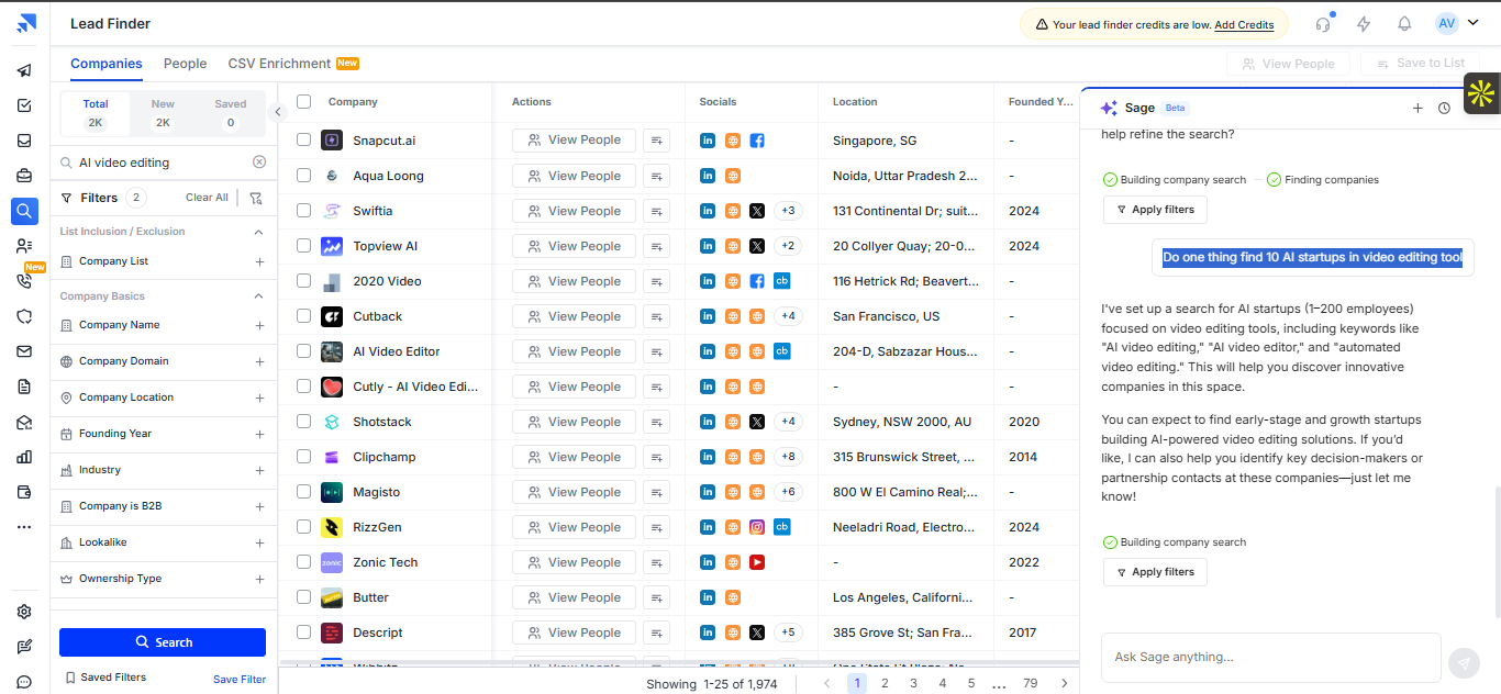 Saleshandy output showing Saleshandy handled a broader video-editing startup query better by producing usable search filters, though it still retu