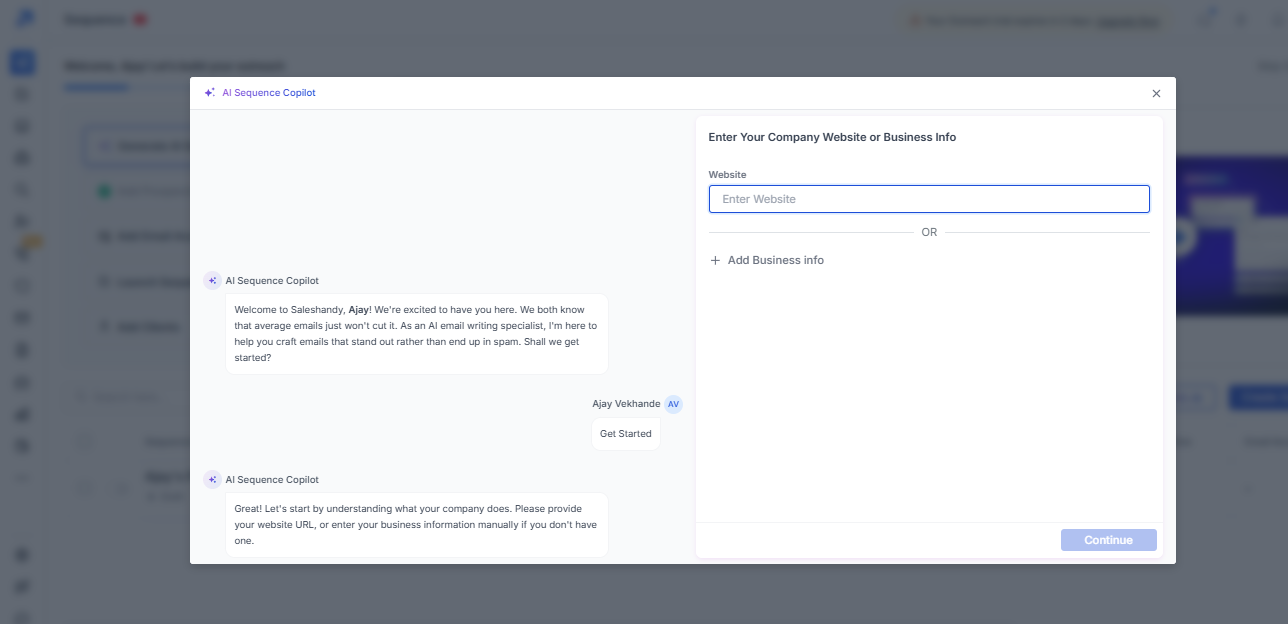 Saleshandy output showing Saleshandy accepted company and campaign context to configure AI-generated outreach messages inside its sequence workflo