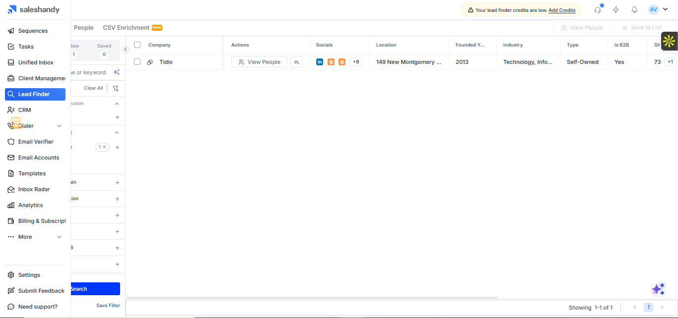 Saleshandy output showing Saleshandy identified Tidio in Lead Finder and returned company details such as industry, location, company type, foundi