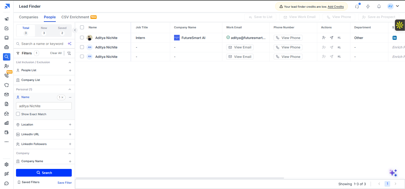 Saleshandy output showing Saleshandy surfaced employee records for FutureSmart AI and, in the validated case, returned a work email address that m