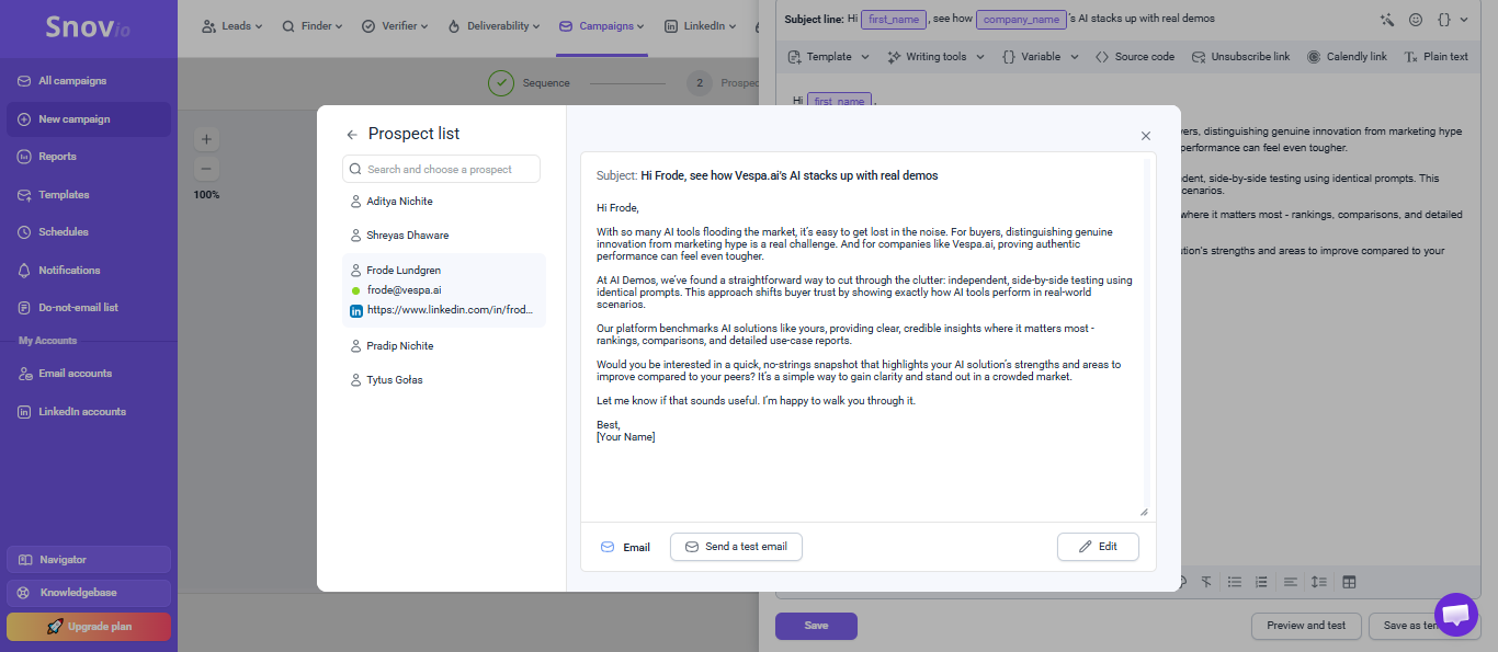 Snov.io output showing Snov.io produced an outreach email for Frode Lundgren that referenced the recipient and company context while keeping th
