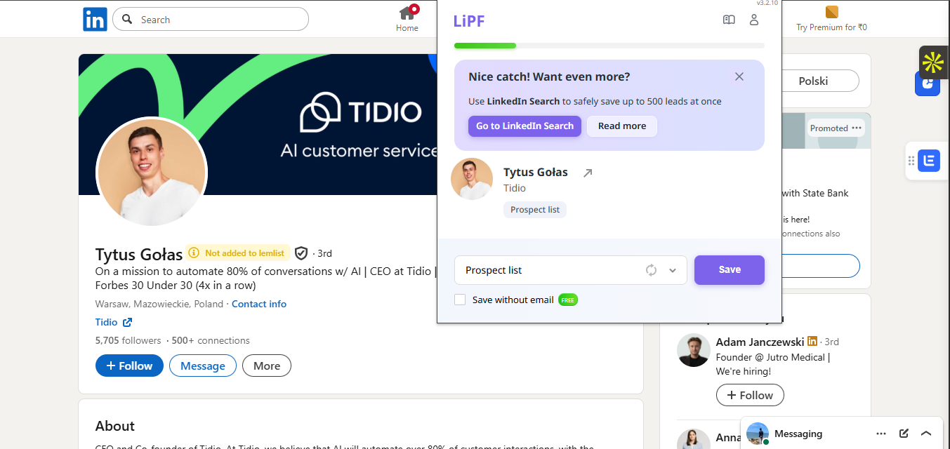 Snov.io output showing Snov.io's extension detected the LinkedIn profile and let the user add the prospect to a list without leaving LinkedIn,