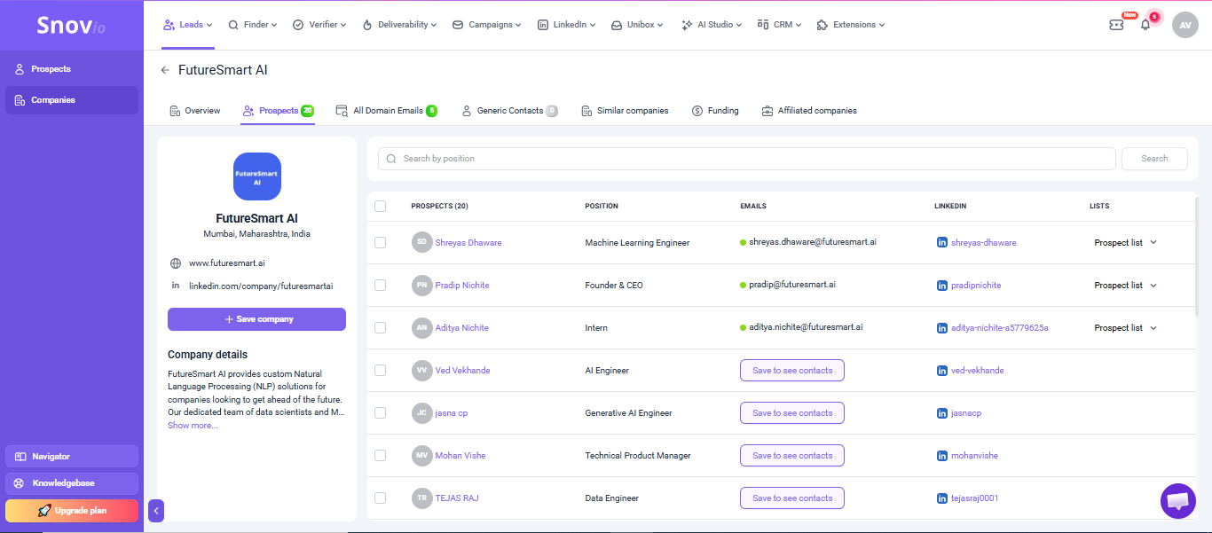 Snov.io output showing Snov.io returned multiple FutureSmart AI records, but workforce validation showed missing current employees and some out
