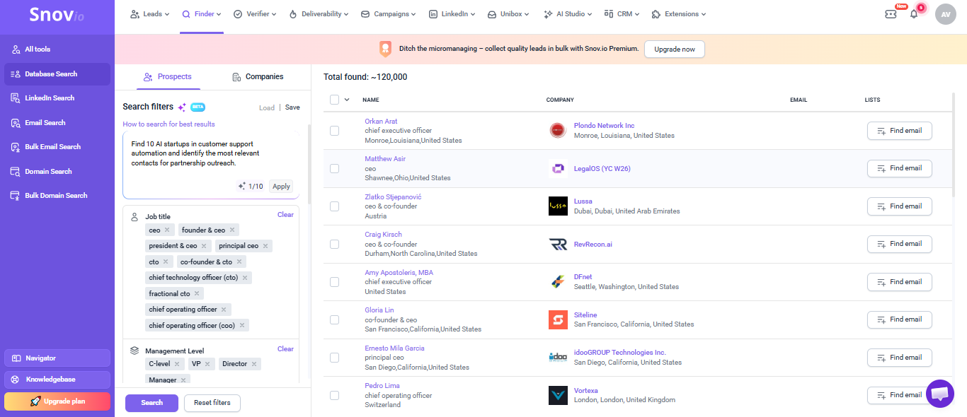 Snov.io output showing Snov.io broadened the more complex customer-support-automation request and returned companies and prospects that were no