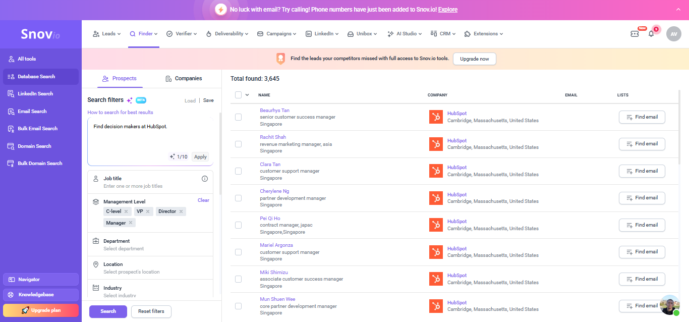 Snov.io output showing Snov.io handled the simple HubSpot decision-maker request more effectively and returned focused contacts related to the