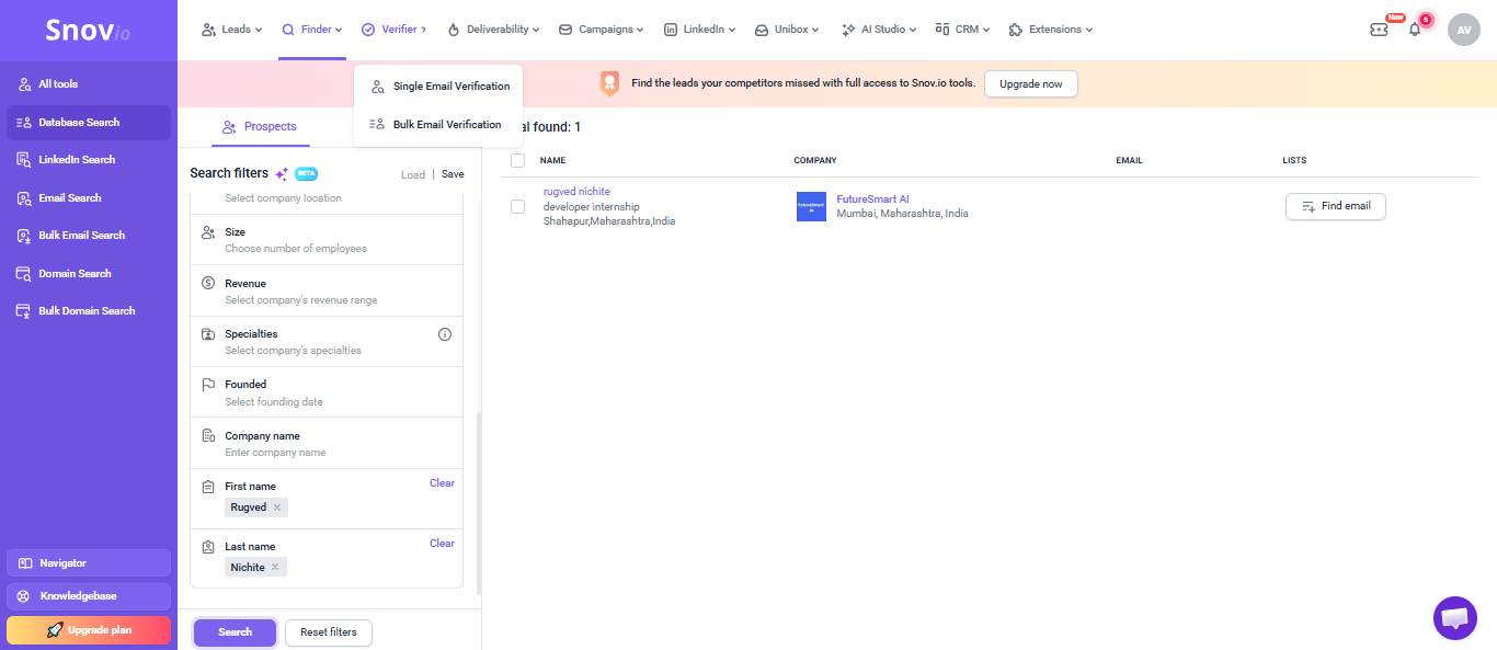 Snov.io output showing Snov.io successfully located Rugved Nichite and included company, title, and location details that helped validate the r
