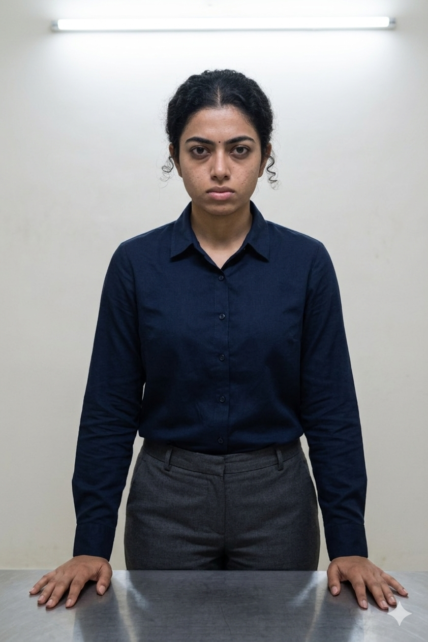 Output artifact for "Reference-based character consistency" test: Gemini preserved the face shape, skin tone, curly hair texture, eyebrows, and overall structure well enough for the character to remain recognizable. Identity h, best-ai-tools-to-generate-consistent-characters-ac-interrogation-room-front-portrait.png