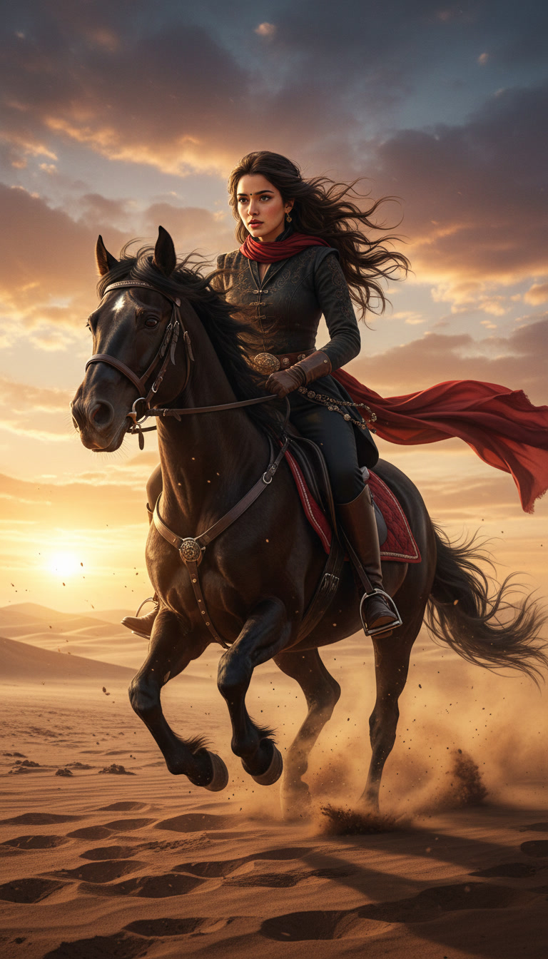 Output artifact for "Reference-based character consistency" test: Leonardo produced a detailed desert setting, correct horse-riding action, and strong cinematic composition, but the subject no longer resembled the reference in, best-ai-tools-to-generate-consistent-characters-ac-leonardo-input1-horseride.jpg