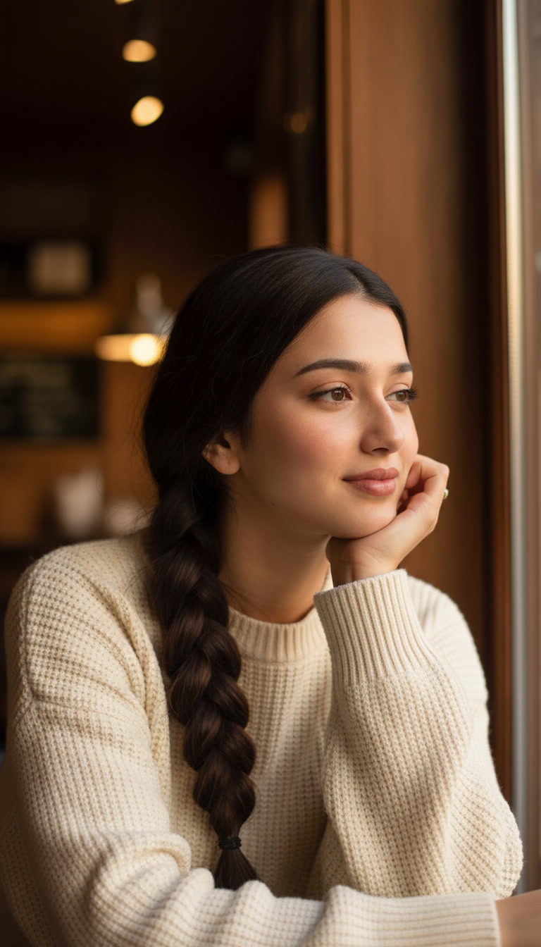 Output artifact for "Reference-based character consistency" test: Leonardo rendered the café environment, warm mood, sweater, braid, and pose cleanly, but the face changed enough to read as a lookalike rather than the same per, best-ai-tools-to-generate-consistent-characters-ac-leonardo-input1-warm-cafe.jpg