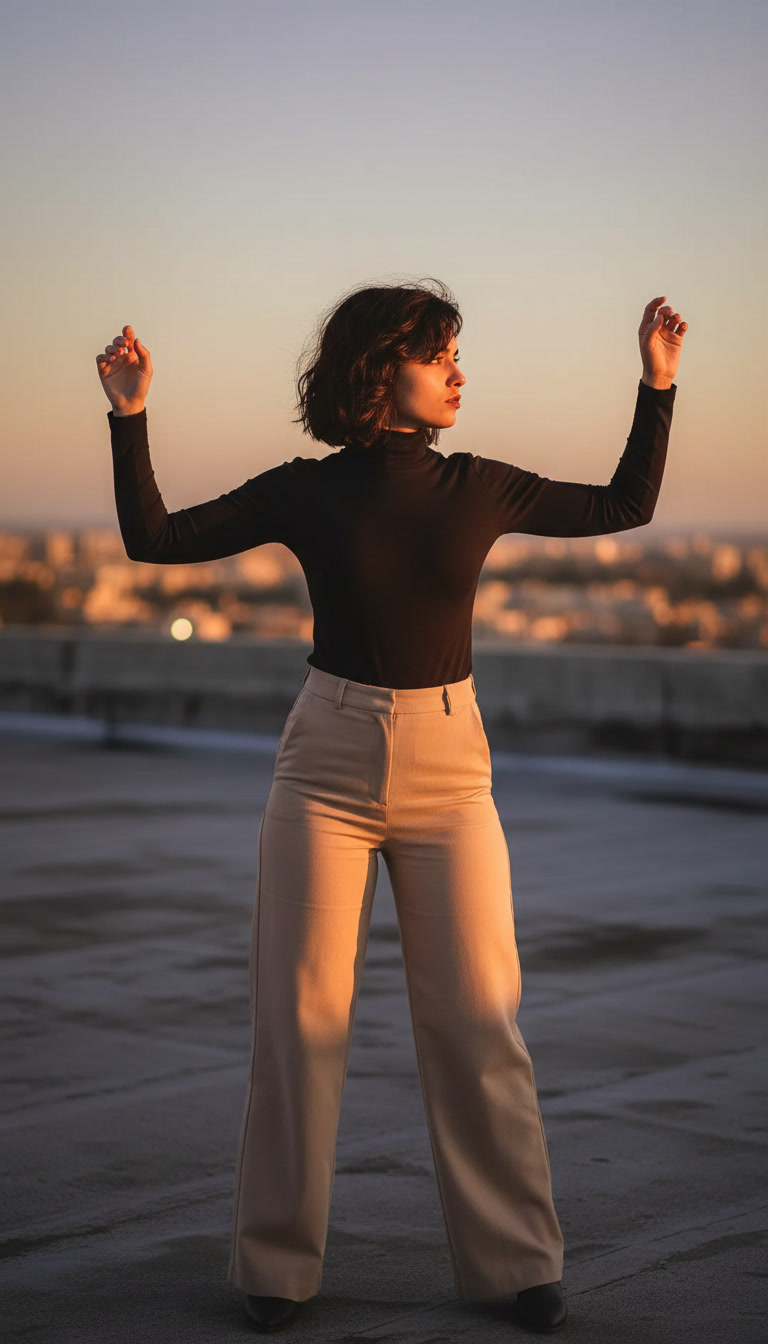 Output artifact for "Reference-based character consistency" test: Leonardo followed the rooftop setting, outfit, skyline, golden-hour lighting, and full-body pose instructions, but it rotated the face too far away from camera., best-ai-tools-to-generate-consistent-characters-ac-leonardo-input3-rooftop.jpg