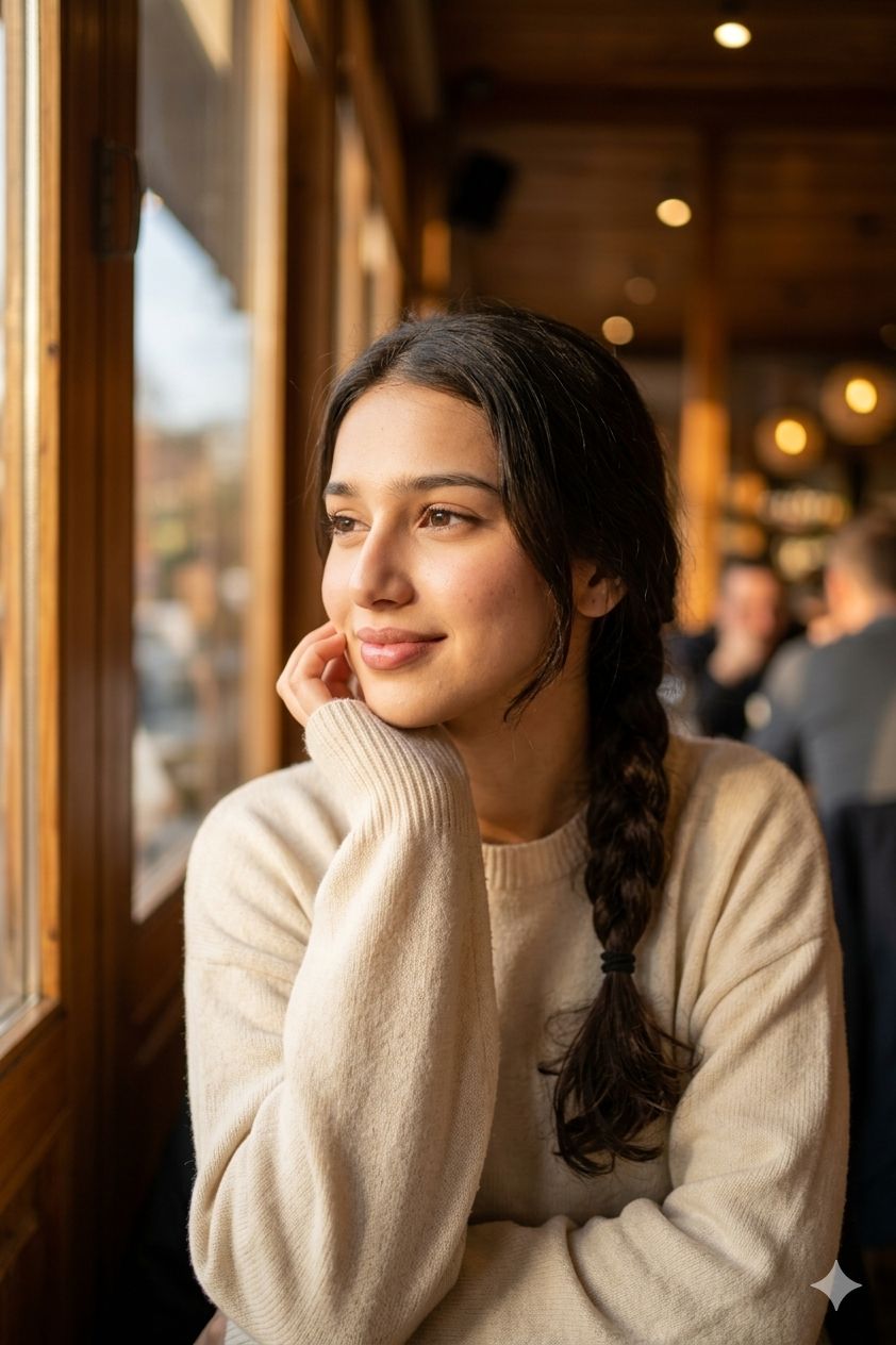 Output artifact for "Reference-based character consistency" test: Gemini produced a realistic warm café portrait with the requested cozy setting, sweater, braid, and natural seated pose, but the face was heavily beautified. Mu, best-ai-tools-to-generate-consistent-characters-ac-woman-cafe-window-smile.png