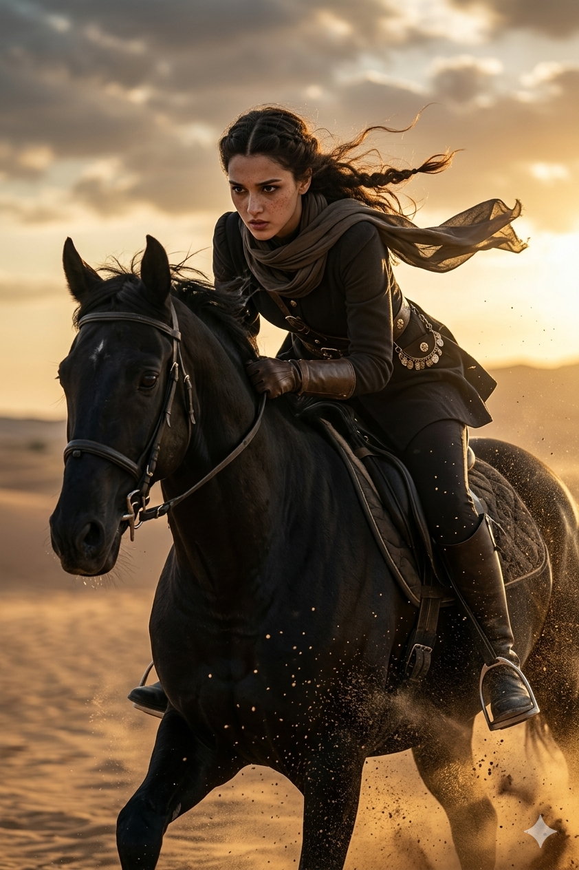 Output artifact for "Reference-based character consistency" test: Gemini generated a cinematic horse-riding scene with believable motion, dust, and wardrobe, but the rider's face shape, eyes, eyebrows, and overall structure ch, best-ai-tools-to-generate-consistent-characters-ac-woman-horseback-sunset-action.png