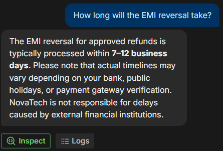Output artifact for "Conversational follow-up handling" test: Botpress answered the follow-up with a 7–12 business day EMI-reversal timeline and noted that banks, public holidays, and payment-gateway verification can delay, botpress-botpress-emi-reversal-timeline.png