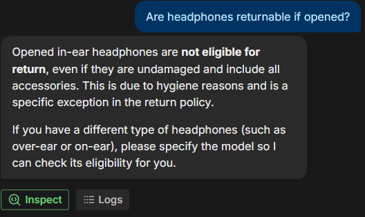 Output artifact for "Conversational follow-up handling" test: Botpress retained context from the opened-products question and answered the follow-up precisely: it said opened in-ear headphones are not returnable due to hyg, botpress-botpress-opened-headphones-return-policy.png