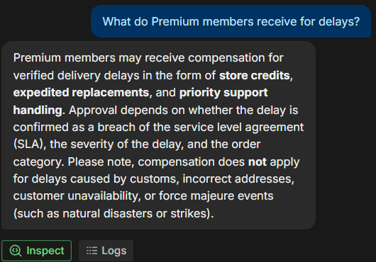 Output artifact for "Conversational follow-up handling" test: Botpress kept the Premium-compensation context intact and restated the eligible benefits accurately: store credits, expedited replacements, and priority support, botpress-botpress-premium-delay-compensation.png