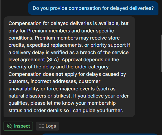 Botpress output showing The answer correctly stated that delay compensation applies to Premium members rather than standard members and listed t