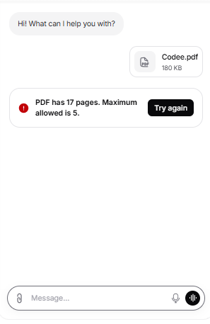 Output artifact for "Attachment and Multimodal Understanding" test: Rejected the PDF because it exceeded the 5-page limit and showed a clear validation error., Chatbase_Attachments_FileLimitValidation_OversizedPDF.png