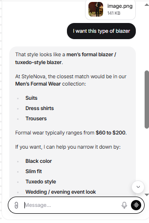 Output artifact for "Attachment and Multimodal Understanding" test: Chatbase analyzed the image itself, identified it as a men's formal / tuxedo-style blazer, matched it to Men's Formal Wear, and suggested useful style filters., Chatbase_Attachments_ImageRecognition_BlazerMatch.png