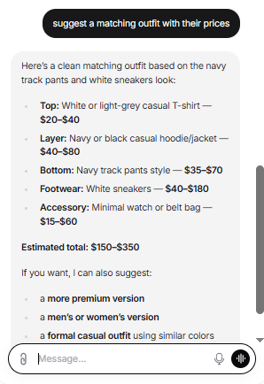 Output artifact for "Attachment and Multimodal Understanding" test: The bot used the uploaded fashion items as anchors to build a matching outfit, added realistic price ranges, and gave an estimated total., Chatbase_Attachments_MultipleImages_OutfitMatchingResponse.png