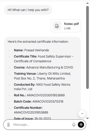 Output artifact for "Attachment and Multimodal Understanding" test: Extracted certificate details from an unrelated PDF instead of filtering it out for being off-topic., Chatbase_Attachments_OffTopicExtraction_CertificatePDF.png