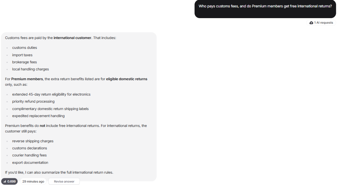 Output artifact for "Context-aware follow-up answering" test: After the international-returns question, Chatbase kept the topic context and answered that customs duties, import taxes, brokerage fees, and local handling cha, chatbase-chatbase-customs-fees-answer-light-theme.png