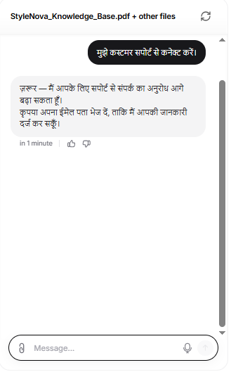 Output artifact for "Human Escalation and Ticket Creation" test: The Hindi escalation request was understood and answered in Hindi, with the bot asking for an email address to proceed., Chatbase_Escalation_Triggers_ Hindi_Escalation_Query.png