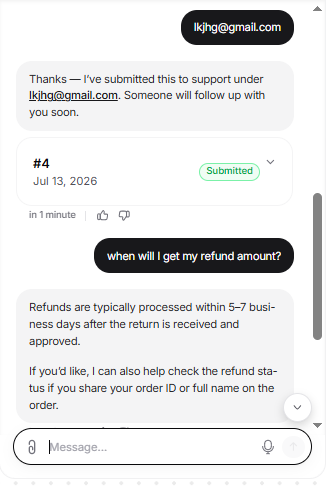 Output artifact for "Human Escalation and Ticket Creation" test: After a ticket was already submitted, the bot kept answering as if it were still the active agent instead of deferring to support., Chatbase_HumanEscalation_PostEscalation_TicketFollowupQuery.png