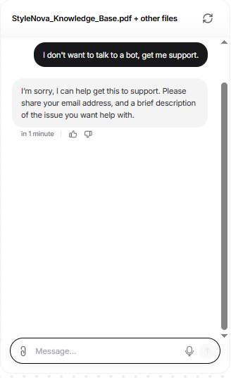 Output artifact for "Human Escalation and Ticket Creation" test: The bot recognized the handoff request and asked for the minimum information needed to create a support request., Chatbase_HumanEscalation_Trigger_DontWantBotRequest.png
