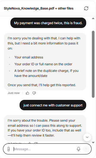 Output artifact for "Human Escalation and Ticket Creation" test: Did not auto-escalate immediately; it first asked for contact and order details, showing sensitive fraud language is not an automatic handoff trigger., Chatbase_HumanEscalation_Trigger_PaymentFraudClaim.png
