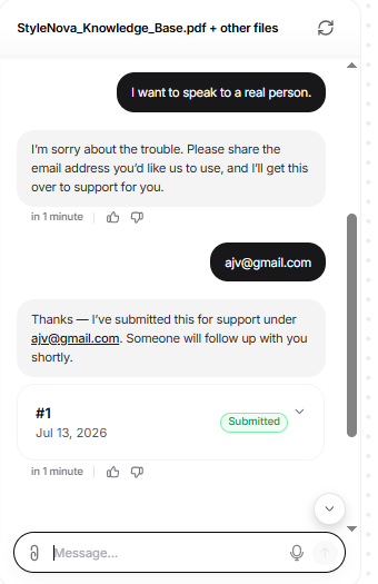 Output artifact for "Human Escalation and Ticket Creation" test: Collected an email address and created a real submitted ticket instead of replying with a canned handoff message., Chatbase_HumanEscalation_Trigger_RealPersonRequest.png