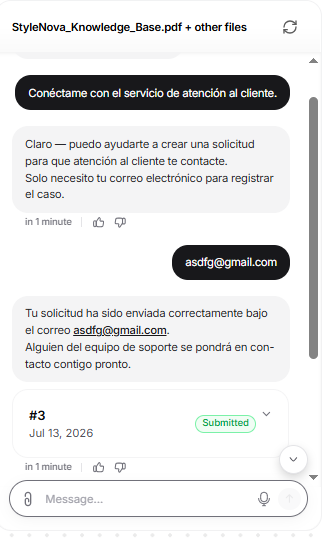 Output artifact for "Human Escalation and Ticket Creation" test: Handled the escalation in Spanish, collected email details, and submitted a real support request., Chatbase_HumanEscalation_Trigger_SpanishEscalation.png