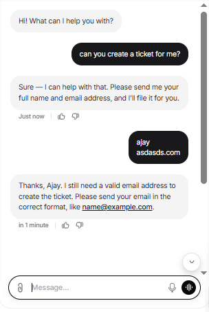 Output artifact for "Human Escalation and Ticket Creation" test: Rejected an invalid email format before creating the ticket and asked for a correctly formatted address., Chatbase_Integration_Freshdesk_InvalidEmailFormat.png
