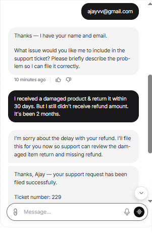 Output artifact for "Human Escalation and Ticket Creation" test: Filed the support request successfully and confirmed a real ticket number in the chat view., Chatbase_Integration_Freshdesk_TicketCreated_ChatView.png