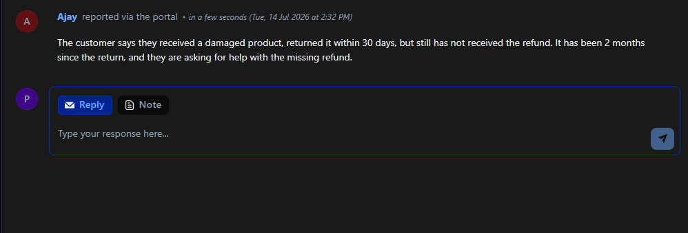 Output artifact for "Human Escalation and Ticket Creation" test: The portal view shows the submitted Freshdesk ticket with the customer summary visible and ready for an agent to handle., Chatbase_Integration_Freshdesk_TicketCreated_PortalView.png
