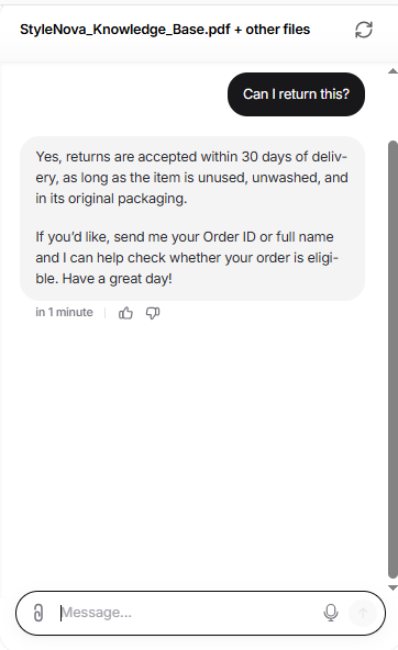 Output artifact for "Grounded Support Question Answering" test: Chatbase gave the general 30-day return policy first, then asked for the Order ID or name to check whether the specific order is eligible., Chatbase_KnowledgeBase_AmbiguousQuery_CanIReturnThis.png