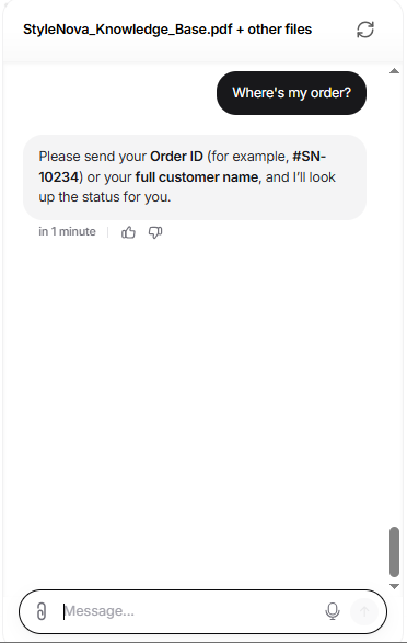 Output artifact for "Grounded Support Question Answering" test: Asked for an Order ID or full customer name rather than guessing which order was meant., Chatbase_KnowledgeBase_AmbiguousQuery_WheresMyOrder.png