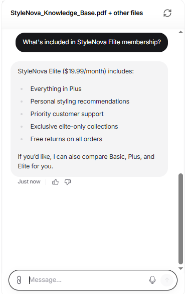 Output artifact for "Grounded Support Question Answering" test: Chatbase rolled up the Elite tier as including everything in Plus, plus personal styling, priority support, exclusive collections, and free returns., Chatbase_KnowledgeBase_BasicRetrieval_EliteMembership.png