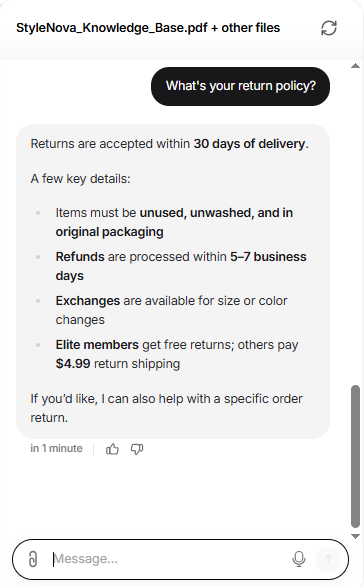 Output artifact for "Grounded Support Question Answering" test: Summarized the 30-day return window, refund timing, exchange availability, and Elite vs non-Elite return shipping correctly., Chatbase_KnowledgeBase_BasicRetrieval_ReturnPolicy.png