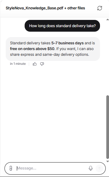 Output artifact for "Grounded Support Question Answering" test: The bot correctly paired the 5–7 business day delivery window with the free-shipping threshold above $50 in a single response., Chatbase_KnowledgeBase_BasicRetrieval_StandardDelivery.png