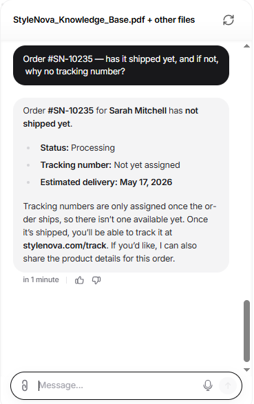 Output artifact for "Grounded Support Question Answering" test: The bot correctly said Order #SN-10235 was still Processing, explained why no tracking number had been assigned yet, and gave the expected delivery date., Chatbase_KnowledgeBase_CrossDocReasoning_OrderSN10235Status.png