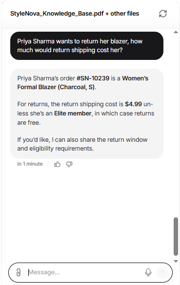 Output artifact for "Grounded Support Question Answering" test: Chatbase identified Priya Sharma's order and answered conditionally that return shipping is $4.99 unless she is an Elite member., Chatbase_KnowledgeBase_CrossDocReasoning_PriyaSharmaReturn.png