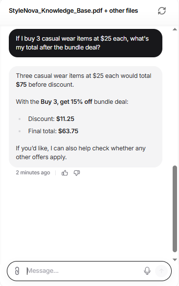 Output artifact for "Support Math and Policy Reasoning" test: Calculated the pre-discount total, the 15% discount, and the final total correctly as $63.75., Chatbase_KnowledgeBase_NumericalCalculation_BundleDeal.png