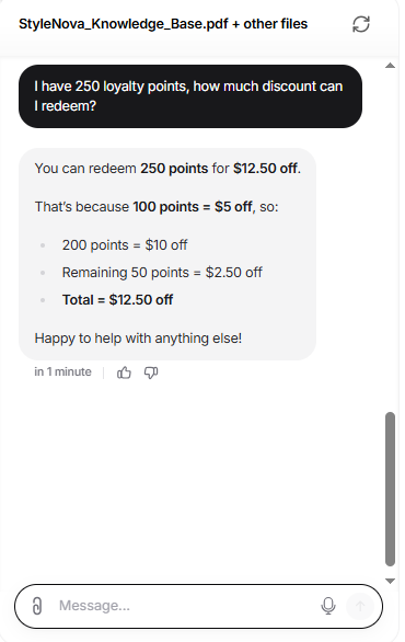 Output artifact for "Support Math and Policy Reasoning" test: Chatbase converted 250 points into a $12.50 discount using the stated redemption rate and showed the calculation steps., Chatbase_KnowledgeBase_NumericalCalculation_LoyaltyPoints.png