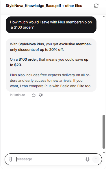 Output artifact for "Support Math and Policy Reasoning" test: Chatbase preserved the source’s bounded language by saying the user could save up to $20 rather than promising a guaranteed flat discount., Chatbase_KnowledgeBase_NumericalCalculation_PlusMembershipSavings.png