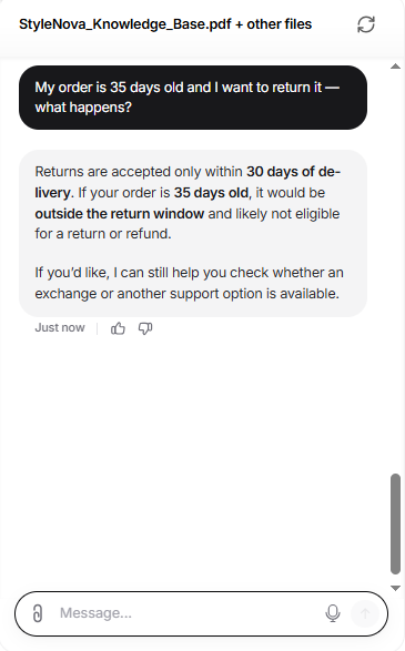 Output artifact for "Support Math and Policy Reasoning" test: Chatbase correctly treated a 35-day-old order as outside the 30-day return window and said it was likely not eligible while still suggesting exchange or support options., Chatbase_KnowledgeBase_PolicyEdgeCase_35DayReturnWindow.png