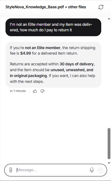 Output artifact for "Support Math and Policy Reasoning" test: The bot correctly stated the non-Elite return shipping fee as $4.99 for a delivered item and repeated the 30-day and condition requirements., Chatbase_KnowledgeBase_PolicyEdgeCase_NonEliteReturnFee.png