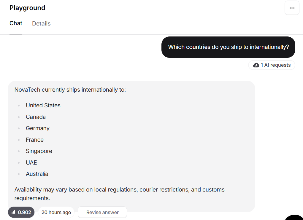 Output artifact for "Grounded Support Question Answering" test: The bot returned exactly seven supported countries: United States, Canada, Germany, France, Singapore, UAE, and Australia., image-14.png