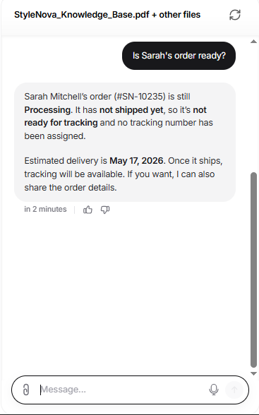 Output artifact for "Grounded Support Question Answering" test: Resolved Sarah Mitchell's order as still processing, not yet shipped, not ready for tracking, and supplied the estimated delivery date., image-16.png