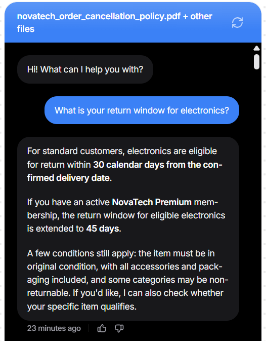 Output artifact for "Grounded Support Question Answering" test: The bot said standard customers have 30 calendar days from confirmed delivery, while active Premium members get 45 days for eligible electronics, with original condition, accessories, and packaging still required., image.png